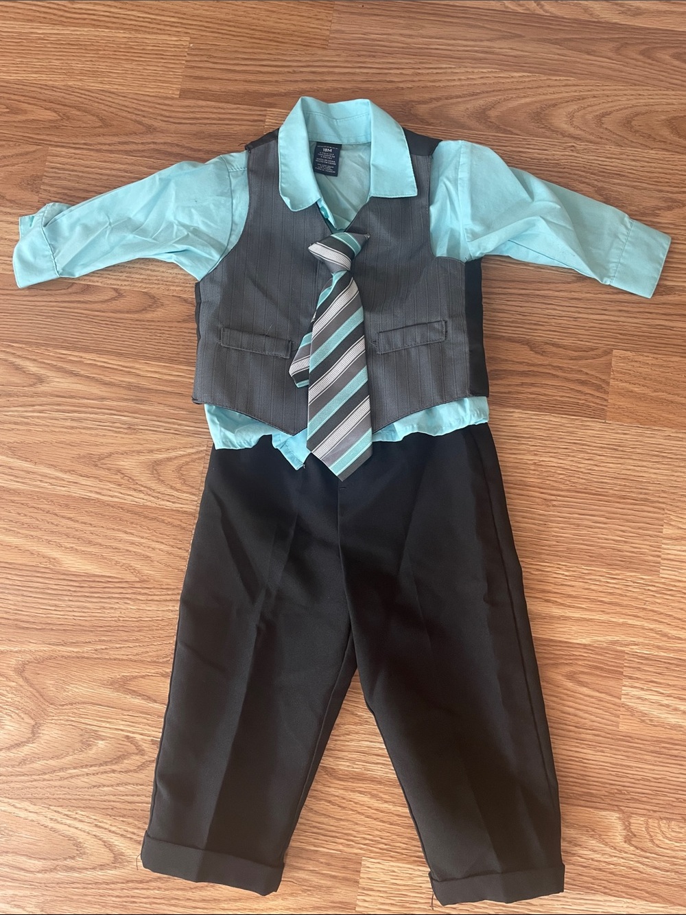 Dockers Boys Teal Shirt Gray Vest Black Pants Striped Tie Set
